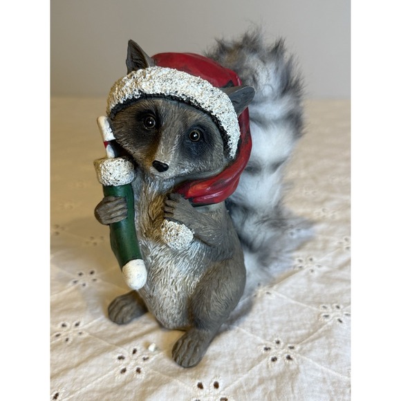 Other - Christmas Raccoon Figurine 5" – Santa Hat – Faux Fur Tail – Holiday Decor